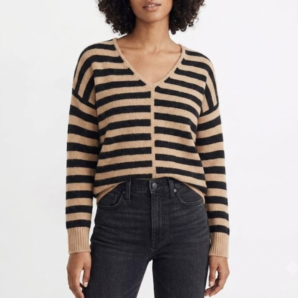 MADEWELL Striped Pullover Sweater V-Neck Wool Alpaca Blend Tan Black Womens S
